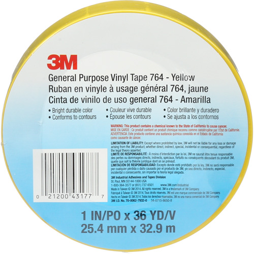 764 General-Purpose Vinyl Tape, 25.4 mm (1") W x 32.9 m (108') L, 5 mils, Yellow Oxford Builders Supplies Inc