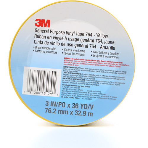 764 General-Purpose Vinyl Tape, 76 mm (3") W x 32.9 m (108') L, 5 mils, Yellow Oxford Builders Supplies Inc