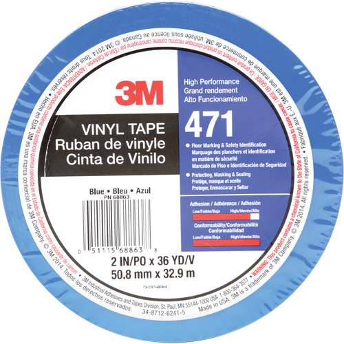 471 Vinyl Tape, 50.8 mm (2") W x 32.9 m (108') L, 5.2 mils, Blue Oxford Builders Supplies Inc