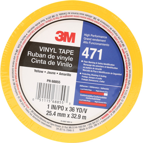 471 Vinyl Tape, 25.4 mm (1") W x 32.9 m (108') L, 5.2 mils, Yellow Oxford Builders Supplies Inc