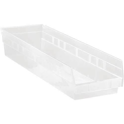 Shelf Bins, 6-5/8" W x 4" H x 23-5/8" D, Clear, 50 lbs. Capacity Oxford Builders Supplies Inc