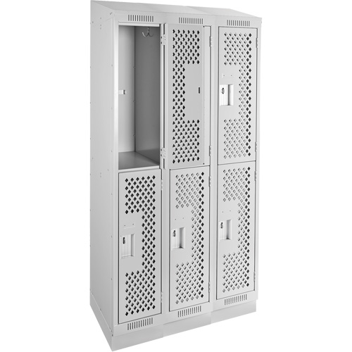 Clean Line Lockers, 2 -tier, Bank of 3, 36" x 12" x 82", Steel, Grey, Rivet (Assembled), Perforated Oxford Builders Supplies Inc