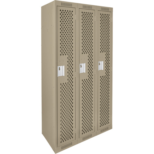 Clean Line Lockers, Bank of 3, 36" x 15" x 72", Steel, Beige, Rivet (Assembled), Perforated Oxford Builders Supplies Inc