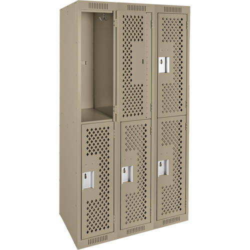 Casiers Clean Line, 2 niveaux, Bloc de 3, 36" x 12" x 72", Acier, Beige, Rivet (assembl&eacute;), Perfor&eacute; Oxford Builders Supplies Inc