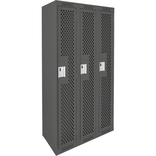 Clean Line Lockers, Bank of 3, 36" x 15" x 72", Steel, Charcoal, Rivet (Assembled), Perforated Oxford Builders Supplies Inc