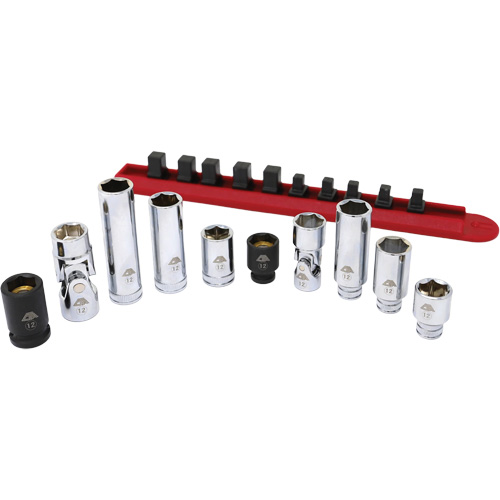 Jeu de douilles chrom&eacute;es avec rail, 10 Morceaux, Prise de 1/4"/3/8" Oxford Builders Supplies Inc