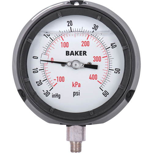 Pressure Gauge, 4-1/2" , 30"-0-60 psi, Bottom Mount, Liquid Filled Analogue Oxford Builders Supplies Inc