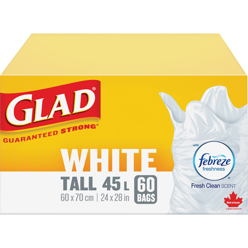 Sacs &agrave; ordures hauts 45 L avec Febreze, R&eacute;gulier, 24" la x 28" lo, Blanc Oxford Builders Supplies Inc