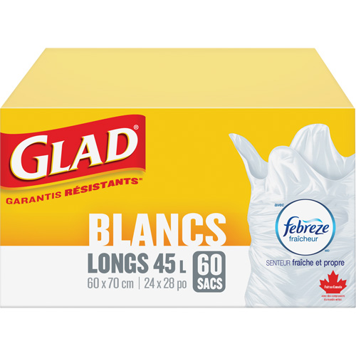 Sacs &agrave; ordures hauts 45 L avec Febreze, R&eacute;gulier, 24" la x 28" lo, Blanc Oxford Builders Supplies Inc