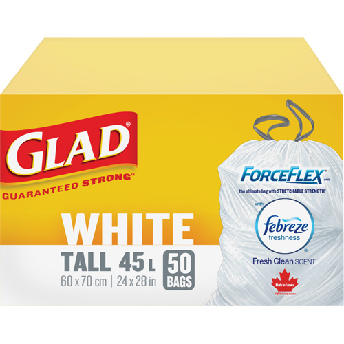 Tall 45L Febreze Garbage Bags, Regular, 24" W x 28" L, White Oxford Builders Supplies Inc