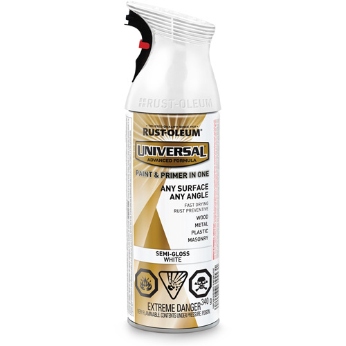 Peinture-&eacute;mail et couche de fond Universal, Blanc, Semi-brillant, Canette a&eacute;rosol Oxford Builders Supplies Inc
