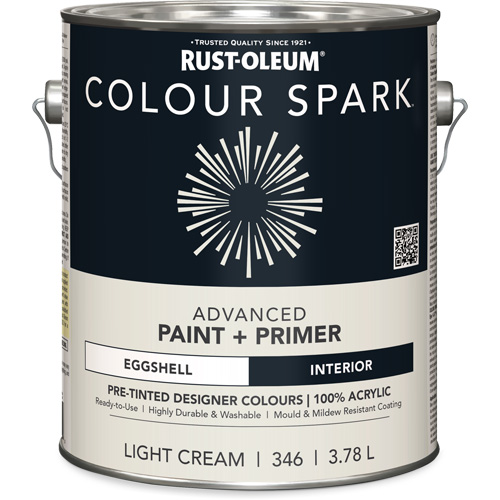 Peinture int&eacute;rieure pr&eacute;teint&eacute;e + appr&ecirc;t mural Colour Spark, Coton blanc, Semi-brillant, 3,78 L, Gallon Oxford Builders Supplies Inc