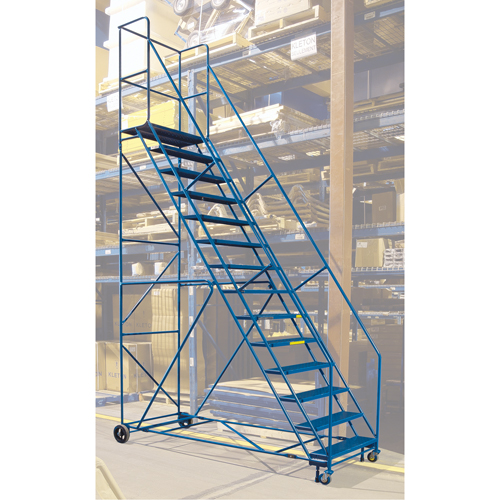 Escabeau roulant certifi&eacute; par la CSA avec pied verrouillable, 14 marches, Largeur de la marche 30", Hauteur de la plateforme 128", Acier Oxford Builders Supplies Inc
