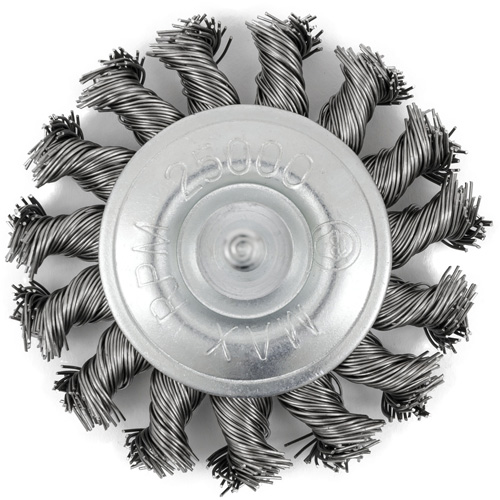 Shaft Mounted Knot Twisted Radial Brush, 3" Dia., 0.02" Fill, 1/4" Arbor, Stainless Steel Oxford Builders Supplies Inc