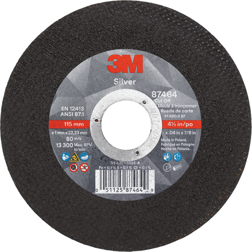 Silver Cut-Off Wheel, 4-1/2" x 0.04", 7/8" Arbor, Type 1, Ceramic, 13300 RPM Oxford Builders Supplies Inc