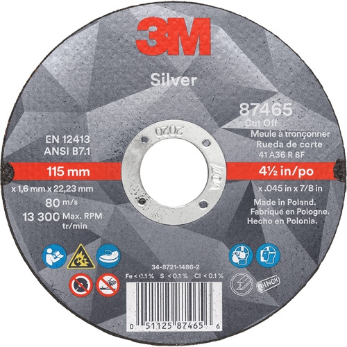 Silver Cut-Off Wheel, 4-1/2" x 0.045", 7/8" Arbor, Type 1, Ceramic, 13300 RPM Oxford Builders Supplies Inc