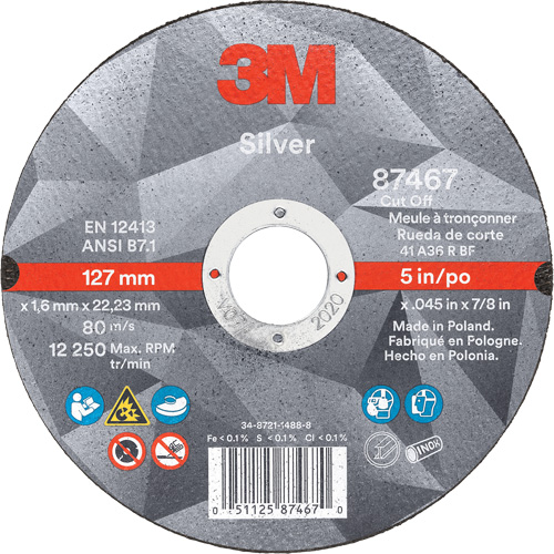 Silver Cut-Off Wheel, 5" x 0.045", 7/8" Arbor, Type 1, Ceramic, 12250 RPM Oxford Builders Supplies Inc