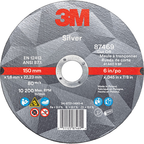 Silver Cut-Off Wheel, 6" x 0.045", 7/8" Arbor, Type 1, Ceramic, 10200 RPM Oxford Builders Supplies Inc