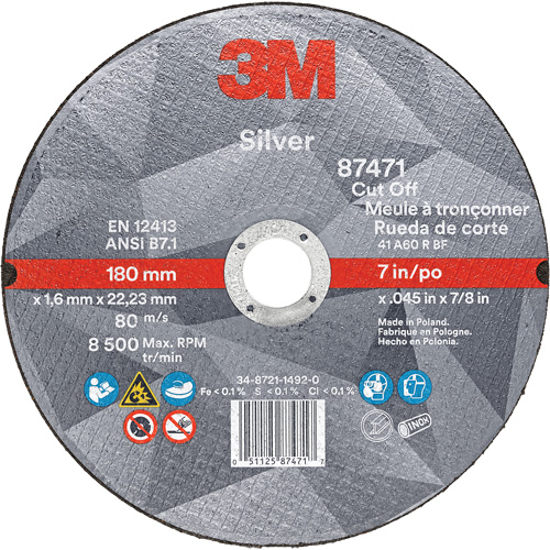 Silver Cut-Off Wheel, 7" x 0.045", 7/8" Arbor, Type 1, Ceramic, 8500 RPM Oxford Builders Supplies Inc