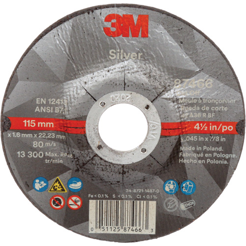 Silver Cut-Off Wheel, 4-1/2" x 0.045", 7/8" Arbor, Type 27, Ceramic, 13300 RPM Oxford Builders Supplies Inc