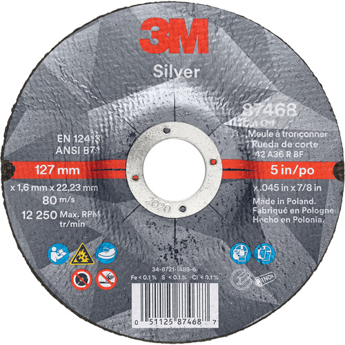 Silver Cut-Off Wheel, 5" x 0.045", 7/8" Arbor, Type 27, Ceramic, 12250 RPM Oxford Builders Supplies Inc
