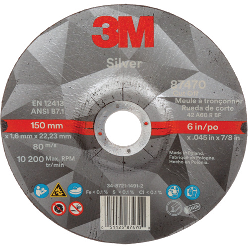 Silver Cut-Off Wheel, 6" x 0.045", 7/8" Arbor, Type 27, Ceramic, 10200 RPM Oxford Builders Supplies Inc