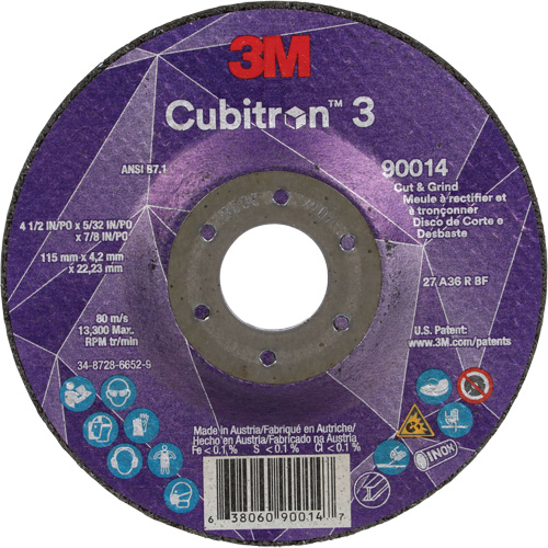 Cubitron 3 Cut & Grind Wheel, 4-1/2" x 5/32", 7/8" Arbor, Type T27, 36+ Grit, Ceramic Oxford Builders Supplies Inc