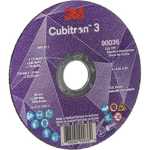 Cubitron 3 Cut-Off Wheel, 4-1/2" x 0.045", 7/8" Arbor, Type T1, Ceramic, 13300 RPM Oxford Builders Supplies Inc