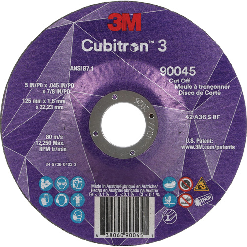 Cubitron 3 Cut-Off Wheel, 5" x 0.045", 7/8" Arbor, Type T27, Ceramic, 12250 RPM Oxford Builders Supplies Inc