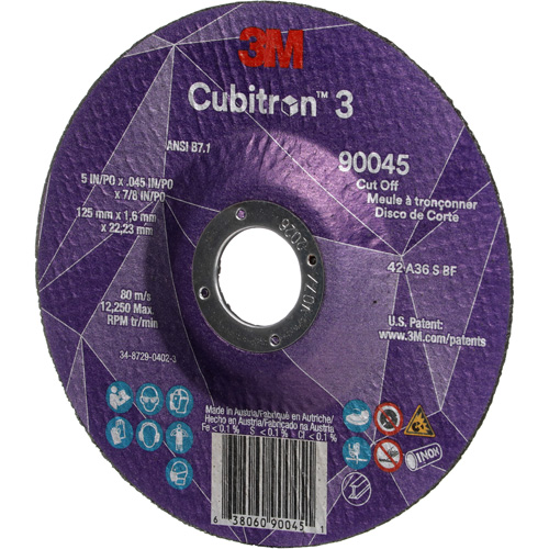 Cubitron 3 Cut-Off Wheel, 5" x 0.045", 7/8" Arbor, Type T27, Ceramic, 12250 RPM Oxford Builders Supplies Inc