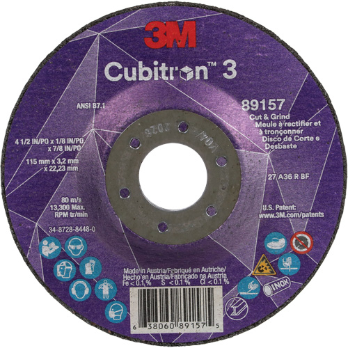 Meule &agrave; rectifier et &agrave; tronçonner Cubitron 3, 4-1/2" x 1/8", Arbre de 7/8", Type 27, Grain de 36, C&eacute;ramique Oxford Builders Supplies Inc