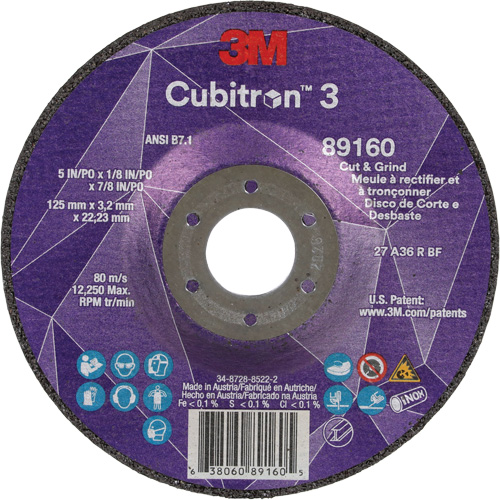 Cubitron 3 Cut and Grind Wheel, 5" x 1/8", 7/8" Arbor, Type 27, 36 Grit, Ceramic Oxford Builders Supplies Inc