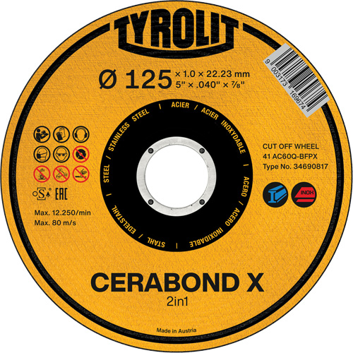 Cerabond X Cut-Off Wheel, 5" x 0.04", 7/8" Arbor, Ceramic Oxford Builders Supplies Inc