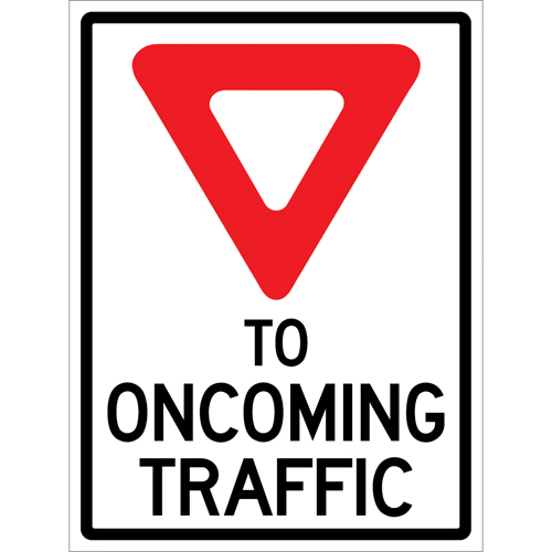 Enseigne enroulable de circulation  Yield to Oncoming Traffic , 36" x 48", Vinyle, Anglais avec pictogramme Oxford Builders Supplies Inc