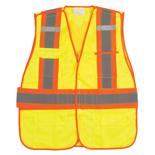 Flame-Resistant Surveyor Vest, High Visibility Lime-Yellow, Medium, Polyester Oxford Builders Supplies Inc
