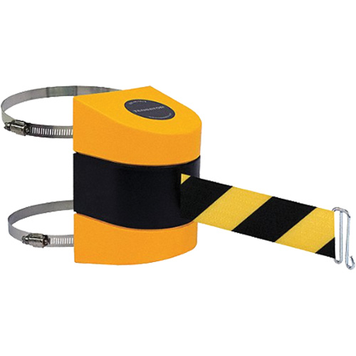 Tensabarrier&reg; Barrier Post Mount with Belt, Plastic, Clamp Mount, 24', Black and Yellow Tape Oxford Builders Supplies Inc