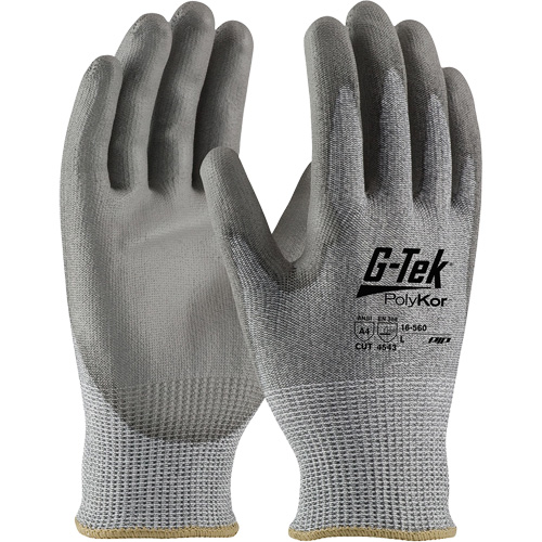 Gants r&eacute;sistants aux coupures G-Tek PolyKor, Taille Petit, Calibre 13, Rev&ecirc;tement Polyur&eacute;thane, Enveloppe en Poly&eacute;thyl&egrave;ne, ASTM ANSI niveau A4/EN 388 niveau 5/EN 388 niveau D Oxford Builders Supplies Inc