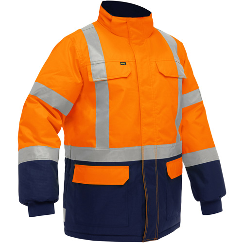 Manteau pour le froid extr&ecirc;me avec bas bleu marin et X au dos Bisley, Polyester, Orange haute visibilit&eacute;, 2T-Grand Oxford Builders Supplies Inc