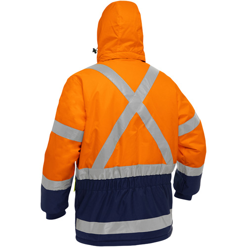 Manteau pour le froid extr&ecirc;me avec bas bleu marin et X au dos Bisley, Polyester, Orange haute visibilit&eacute;, 2T-Grand Oxford Builders Supplies Inc