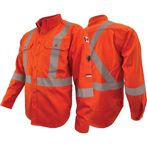 Atlas Guardian&reg; FR/AR Work Shirts with 2" Striping, X-Small, High Visibility Orange Oxford Builders Supplies Inc