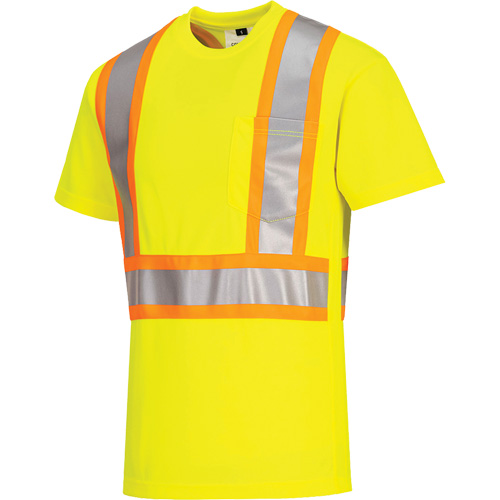 Contrast-Striped Safety T-Shirt, Polyester, Small, High Visibility Lime-Yellow Oxford Builders Supplies Inc