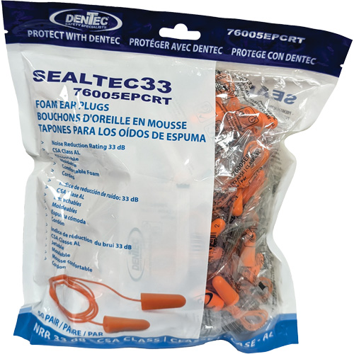 Bouchons d'oreilles coniques jetables en mousse de PU orange SEALTEC33, Vrac - Sac en poly, Avec cordon Oxford Builders Supplies Inc