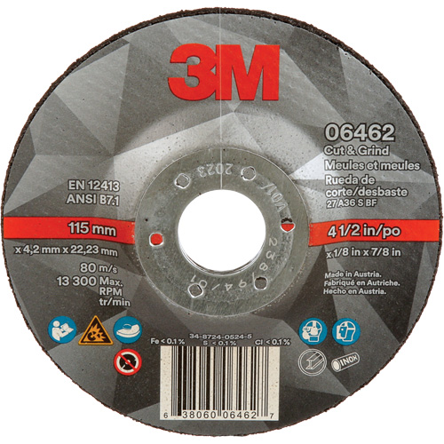 Cut & Grind Wheel, 4-1/2" x 1/8", 7/8" Arbor, Type 27, Ceramic Oxford Builders Supplies Inc