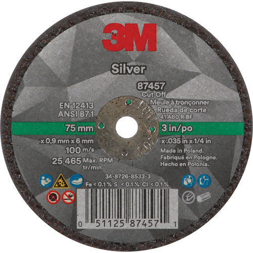 Silver Cut-Off Wheel, 3" x 0.04", 1/4"-28 Arbor, Type 1, Ceramic, 25645 RPM Oxford Builders Supplies Inc