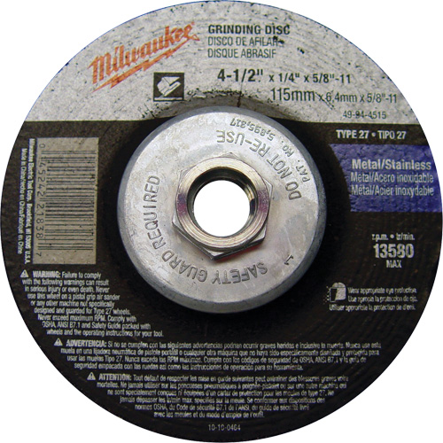 Grinding Wheel, 4-1/2" x 1/4", 5/8"-11 Arbor, Aluminum Oxide, Type 27 Oxford Builders Supplies Inc