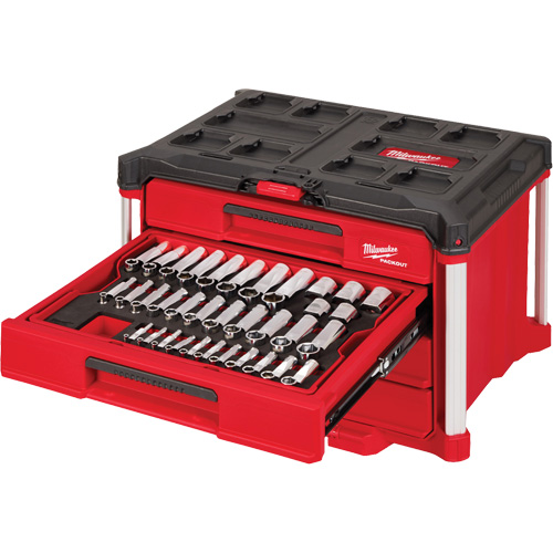 Ensemble de 242 pi&egrave;ces de douilles et cliquets m&eacute;triques et SAE 1/4", 3/8" et 1/2" avec boîte &agrave; outils PACKOUT &agrave; 4 tiroirs, 16-3/10" x 22-1/5" x 14-3/10", Noir/Rouge Oxford Builders Supplies Inc