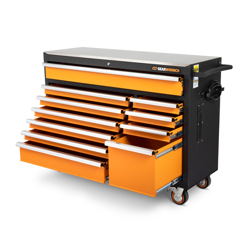 Rolling Tool Cabinet with Stainless Steel Worktop, 11 Drawers, 52" W x 18" D x 36" H, Black/Orange Oxford Builders Supplies Inc