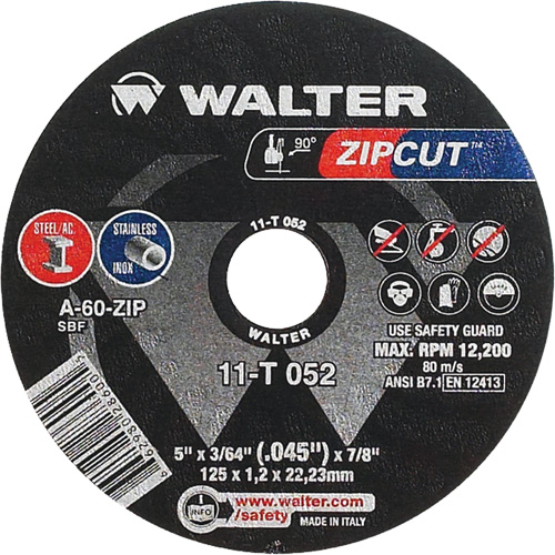 Meule &agrave; tronçonner Zipcut, 5" x 3/64", Arbre de 7/8", Type 1, Oxyde d'aluminium, 12 200 Tr/min Oxford Builders Supplies Inc