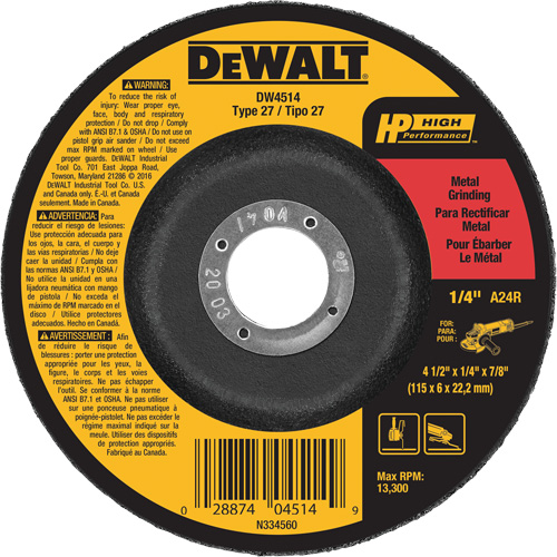 High Performance Metal Grinding Wheel, 4-1/2" x 1/4", 7/8" Arbor, Aluminum Oxide, Type 27 Oxford Builders Supplies Inc