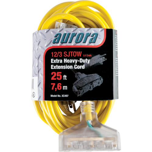 Vinyl Extension Cord with Light Indicator, Outdoor, SJTOW, 12/3 AWG, 15 A, 3 Outlet(s), 25' Oxford Builders Supplies Inc